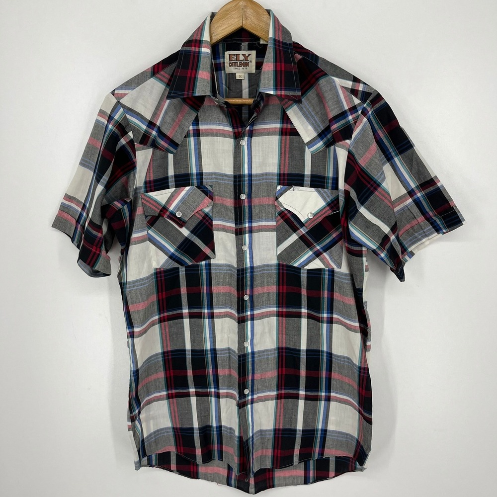 Ely Cattleman Mens Plaid Western Pearl Snap Short Sleeve Shirt Red Blue Small